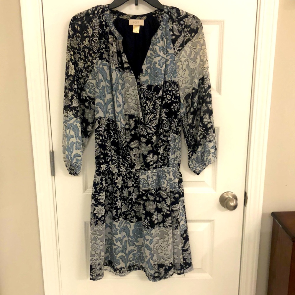 Loft dress with blue, black, and white floral patterns